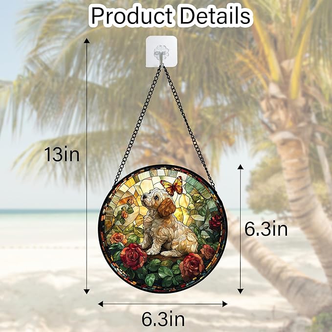 Stained Glass Window Hanging, Cute Dog and Flowers Suncatcher for Doors Home Butterfly Sun Catchers Decoration and Christmas, Mother's Day Birthday Gifts for Women, Men, and Mom 6.3 in