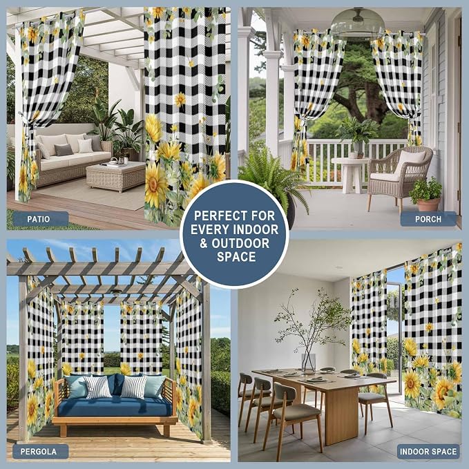 Sunflowers Outdoor Curtains for Patio Summer Floral Eucalyptus Leaf Buffalo