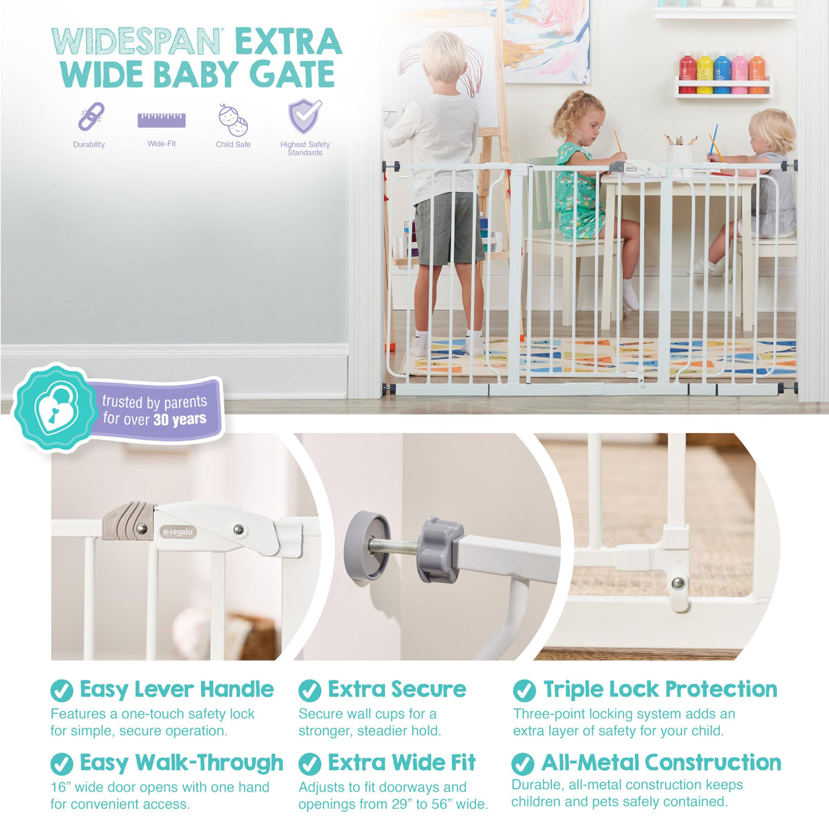 Regalo Safety 29-56" Extra Wide Baby Gate for Doorways & Bottom of Stairs, Pressure Mounted Baby Gate with Door for Babies, Toddlers & Pets, Tested & Safe for 30 Years, American Designed and Owned