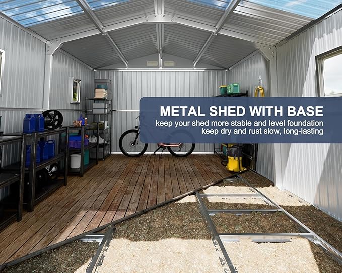 Restland 10x12 FT Outdoor Storage Shed with Floor Base Frame Metal Garden Shed with Clear Roof, Air Vent & Lockable Door Large Tool Storage House for Backyard, Garden, Lawn