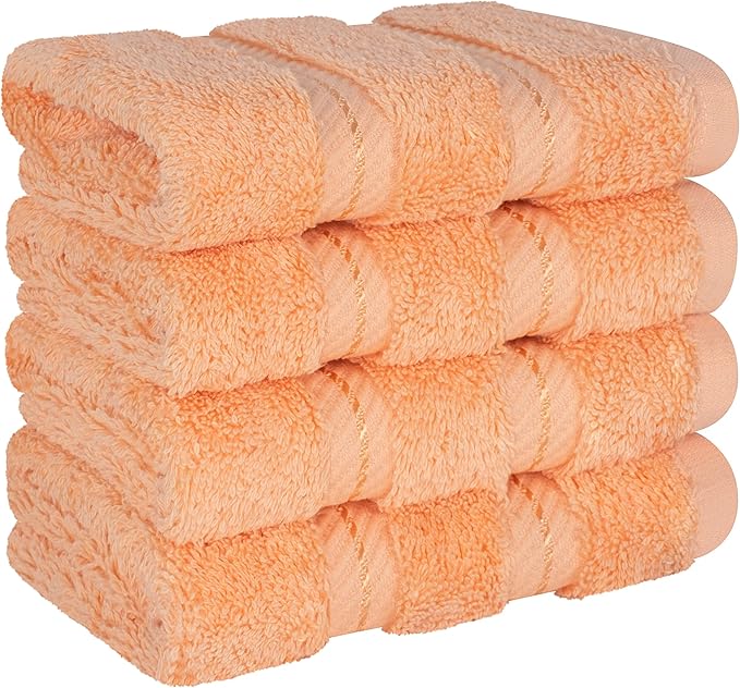 American Soft Linen Luxury Washcloths for Bathroom, 600 GSM 100% Cotton 4 Piece Turkish Wash Cloth Set, 13x13 in Soft Rags for Body and Face, Peach Washcloths