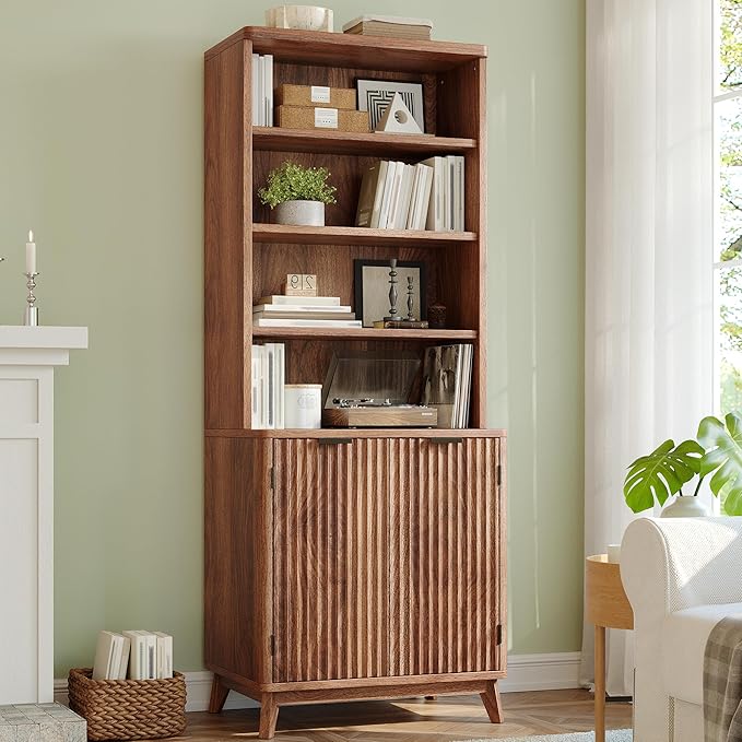 6-Tier Bookshelf, Modern Bookcase with Fluted Doors & Adjustable Shelves, Mid-Century Cabinet, Wooden Book Shelf for Home Office, Living Room, Kitchen, Walnut
