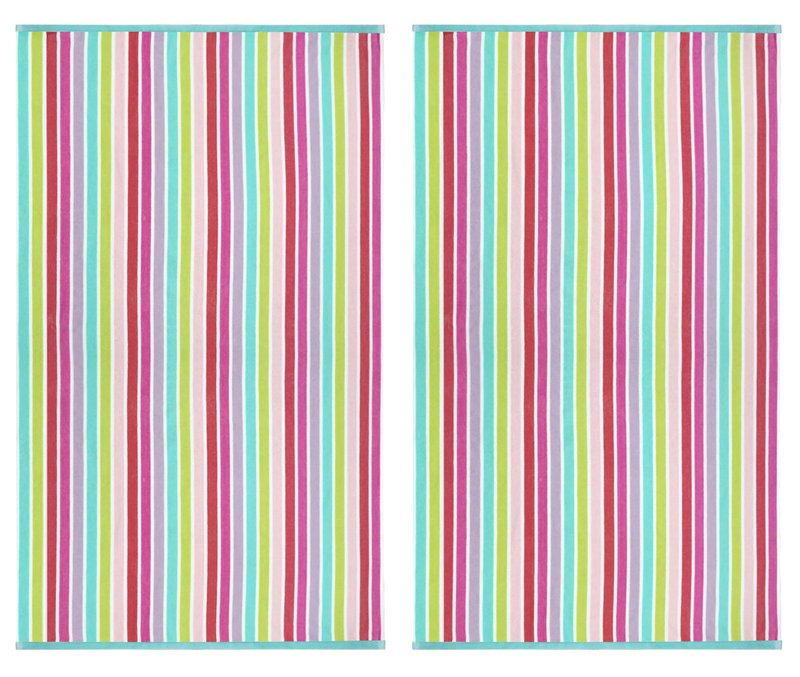 COTTON CRAFT Oversized Beach Towel - 2 Pack XL 39 x 68 inches Big & Huge Beach Blanket Towel - 100% Cotton Dobby Terry Velour Stripe - Super Soft Luxury - Pool Picnic Bath - Pink Multi
