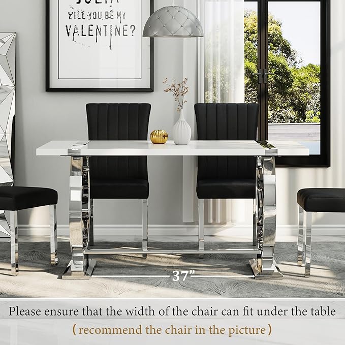 Asday White and Silver Rectangle Dining Table for 4-6, 60 inch Luxury Modern Dining Room Table with MDF Tabletop and Mirrored Chrome U-Shaped Base for Living Room, Kitchen, Apartment