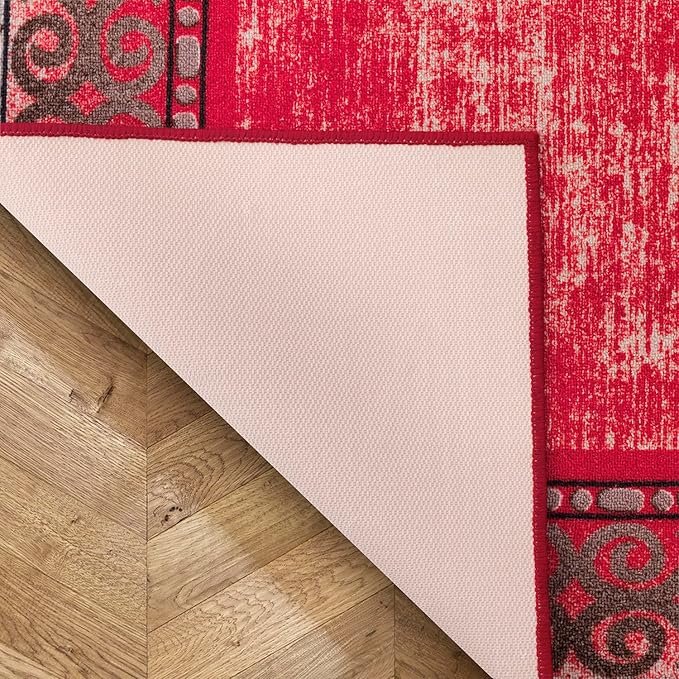 Antep Rugs Alfombras Bordered Modern 4x6 Non-Slip (Non-Skid) Low Pile Rubber Backing Indoor Area Rug (Red, 4' x 5'8")