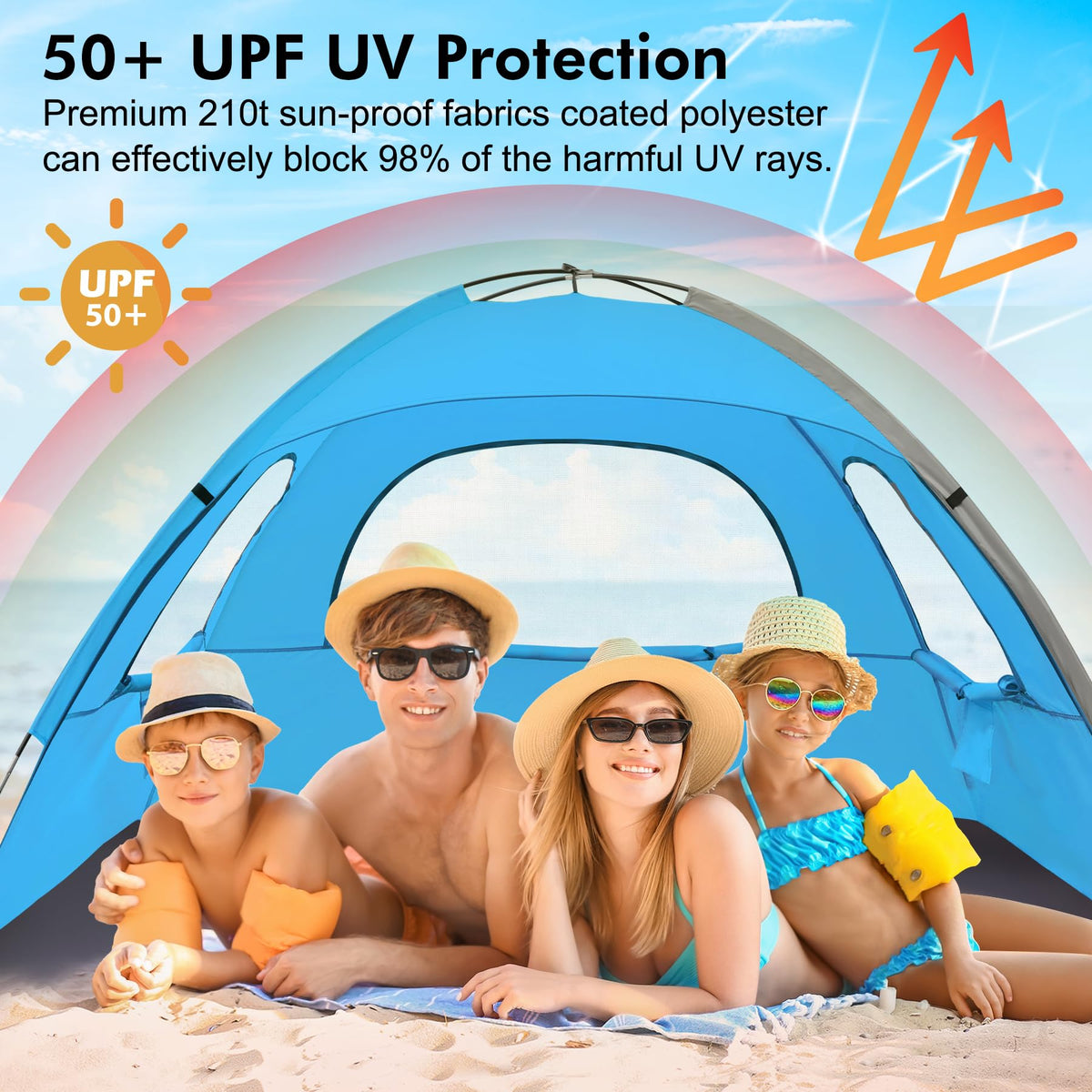 WhiteFang Beach Tent Anti-UV Portable Sun Shade Shelter for 4 Person, Extendable Floor with 3 Ventilating Mesh Windows Plus Carrying Bag, Stakes and Guy Lines (Blue)