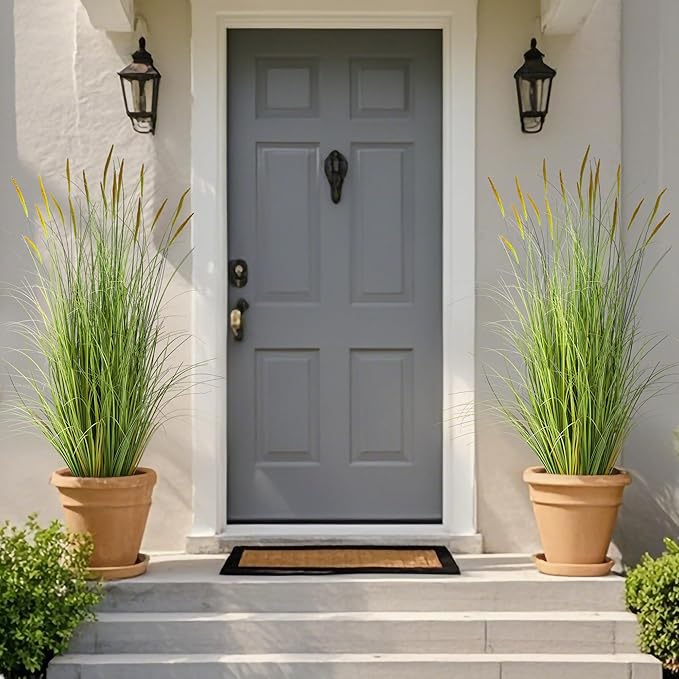 KOL 4ft Artificial Cattail Grass, 47.2in Artificial Indoor Outdoor Fake Onion Plant, Home Office Decor Floor Plants & Flowers in Pot Faux Plant Greenery, Housewarming Gift Reed Grass, Green