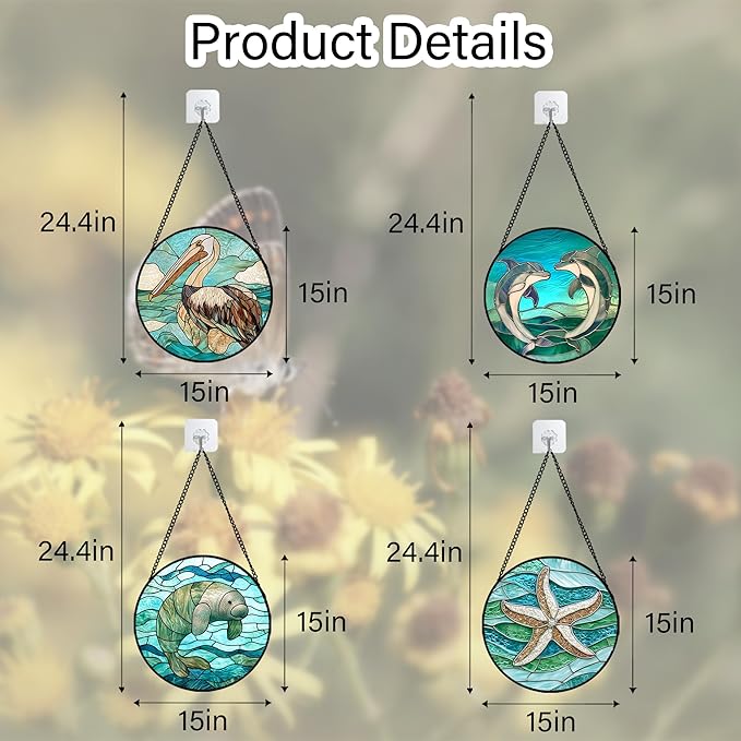 Stained Glass Window Hanging 4 Pcs Set Cyan Ocean Life Theme Large 15" - Sea Starfish Suncatcher Door Garden Sun Catcher Decor Birthday for Mom Woman Nana Men Friend