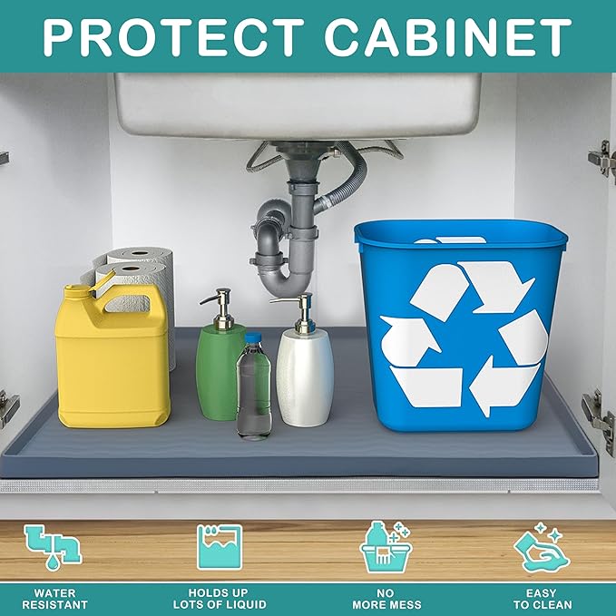 URMONA Waterproof Silicone Under Sink Mat 22'' x 22'' Shelf Liner for Kitchen and Bathroom, Cabinet and Counter Protector, Storage and Organizers, Litter Mat, Pet Cat Puppy Essentials(Brown)