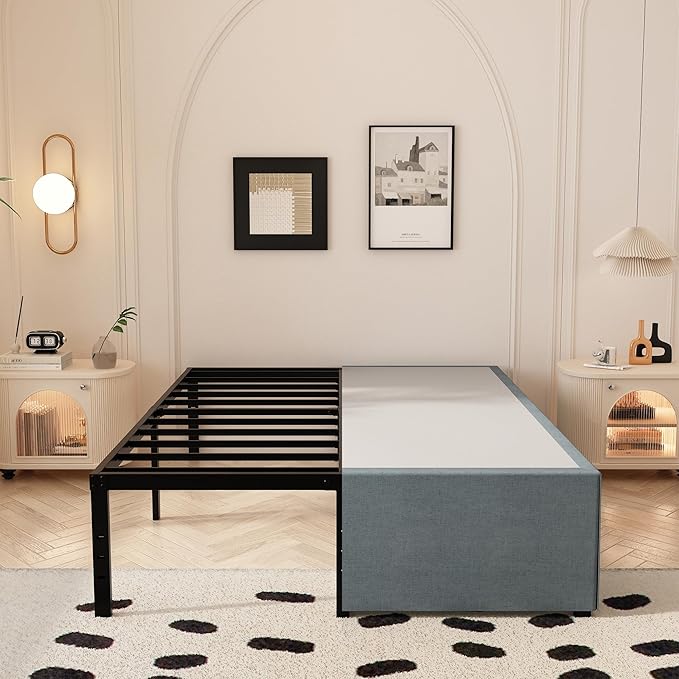 Queen Bed Frame with Fabric Cover 18 Inch, Heavy Duty Metal Bed Frame Queen Size, No Box Spring Needed, Support Up to 3000 lbs, Easy Assembly, Noise Free, Black