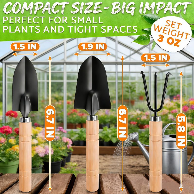 3PCS Small Garden Tools Set - Mini Garden Tools Set with Trowel, Shovel & Hand Rake Made of Rust-Resistant Iron & Solid Wood for Indoor Plants, Succulents, Bonsai, Potting & Repotting
