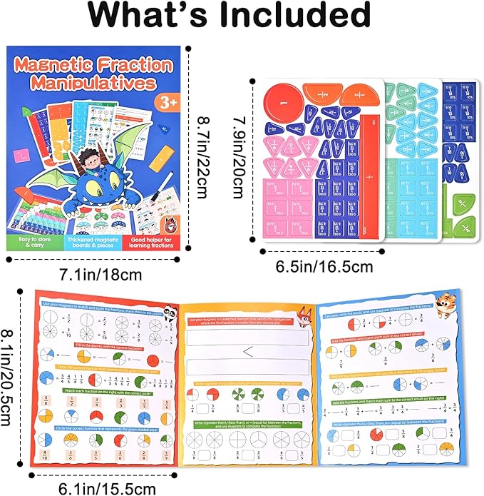 Magnetic Fraction Demonstration Book with Magnetic Fraction Tiles & Circles, Hands-On Fraction Manipulatives for Kids, Visual Math Learning Set for Classroom, Homeschool & Early Math Practice