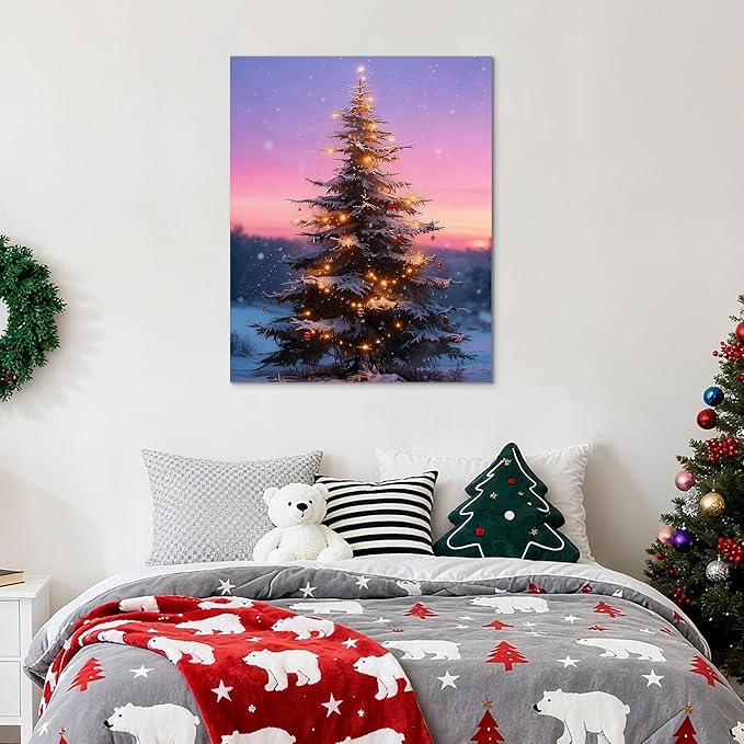 Framed Christmas Pictures Wall Decor,Vintage Pine Tree Prints,Winter Christmas Canvas Wall Art Decoration for Bedroom Bathroom Living Room Rustic Xmas Holiday Gifts (Christmas Tree 12, 16'' X 20'')