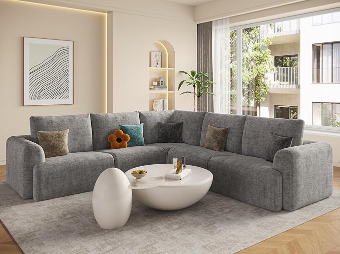 EASE MOOSE Cloud Couch Sectional Sofa, Large L-Shaped Oversized Modular Couch for Living Room, Minimalist Boneless Convertible Couches, 5-Seat Deep Sofas for Bedroom, Chenille (Light Grey)