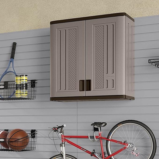 Suncast BMC3000 Cabinet-Resin Construction for Wall Mounted Garage Storage, 30.25" Organizer Doors & Slate Top, Silver/Platinum