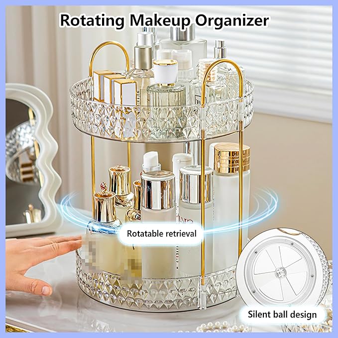 Rotating 2-Tier Makeup Organizer, Large-Capacity Storage with Brush Holder, Perfect for Vanity & Countertop