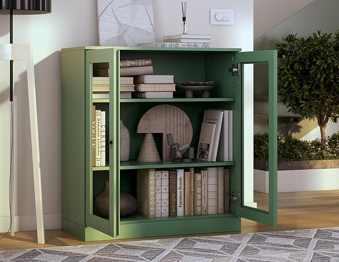 Palace Imports Solid Wood Bookcase - Floor Standing Bookshelf - 32” W - Display Furniture, Renewable 100% Eco-Friendly Wood, Made in Brazil (Green, Clear Glass Doors | 3-Shelf Short Bookcase)