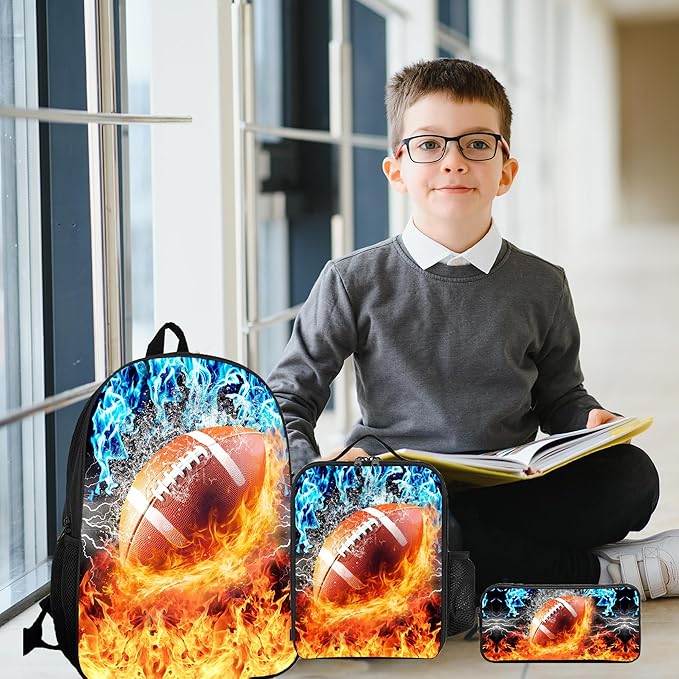 3PCS Football Backpack Set for Boys, Lightweight Large Backpack with Lunch Box & Pencil Case, Cool Sport Bookbag for Kids, Back to School Backpacks for Elementary & Middle School - 01
