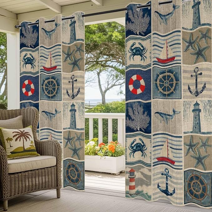 Oceans Outdoor Curtains for Patio Shell Starfish Whales Summer Vintage