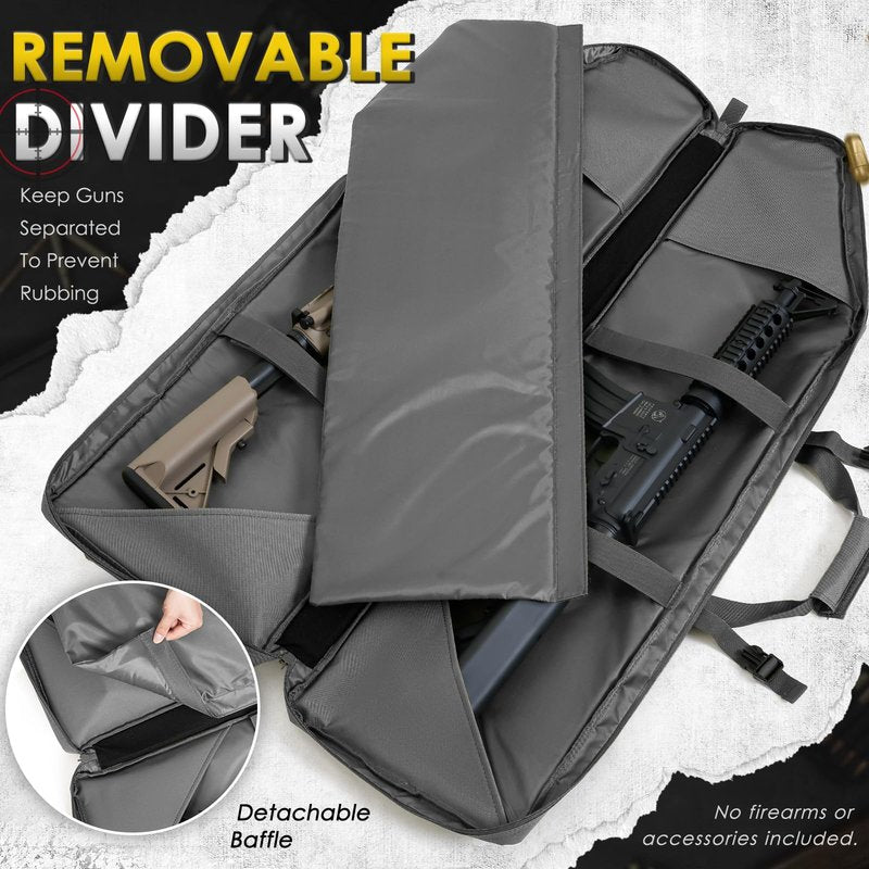 DULCE DOM Double Rifle Case 42'' Soft Gun Bag Tactical Backpack with Movable Divider for Hunting Shooting Range, MOLLE System Multiple Magazine Pouches & Accessory Bags (GREY)
