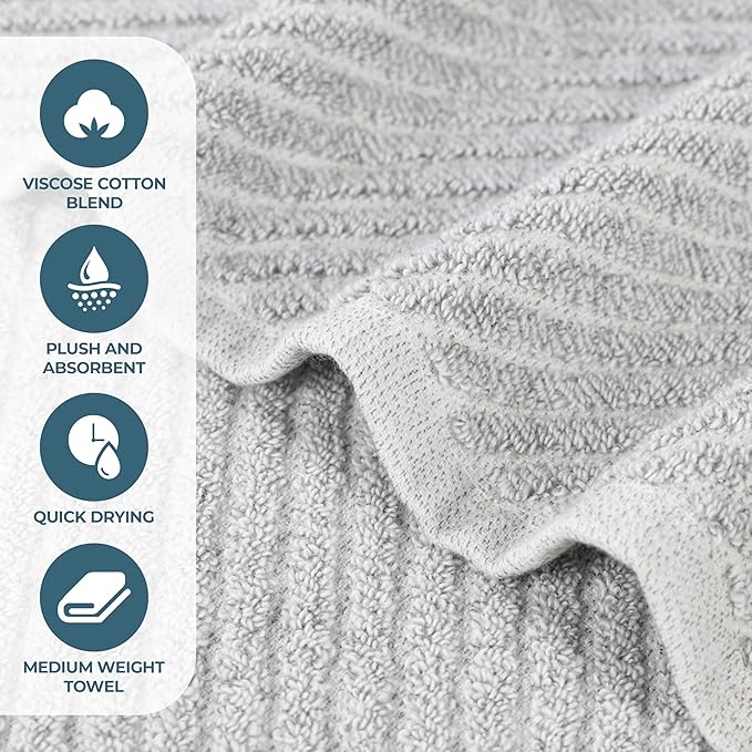 Superior Amelia Viscose Cotton Blend Medium Weight Towels, for Bathroom, Shower, Spa, Plush, Quick Dry, Ultra-Soft Towels, Bath Essentials, Ribbed Design, 8 Piece Assorted Towel Set, Platinum