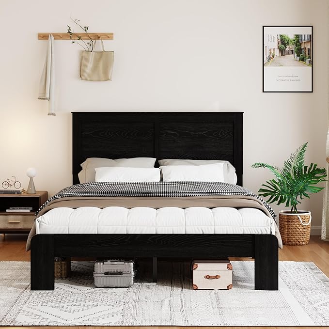 Wooden Bed Frame Full Size with Headboard, Farmhouse Platform Bedframe with Wood Slat Support, Sturdy Framework Bed Frame, Easy Assembly (Rustic Black)