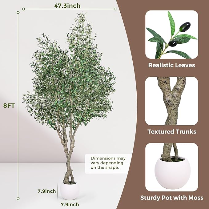 Artificial Olive Tree 8FT, Indoor Fake Silk Plant with Realistic Trunk, Leaves, Fruits and White Planter, Faux Potted Tree for Home Decor and Housewarming Gift, 1 Pack