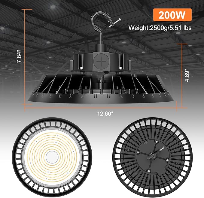 LED High Bay Lights, 200W UFO High Bay LED Shop Lights, 30000LM Adjustable CCT(5700K 5000K 4500K) & Power(200W 150W 100W), 0-10V Dimmable, 5' Cable Plug, IP65 Waterproof, ETL & DLC Listed High Bay