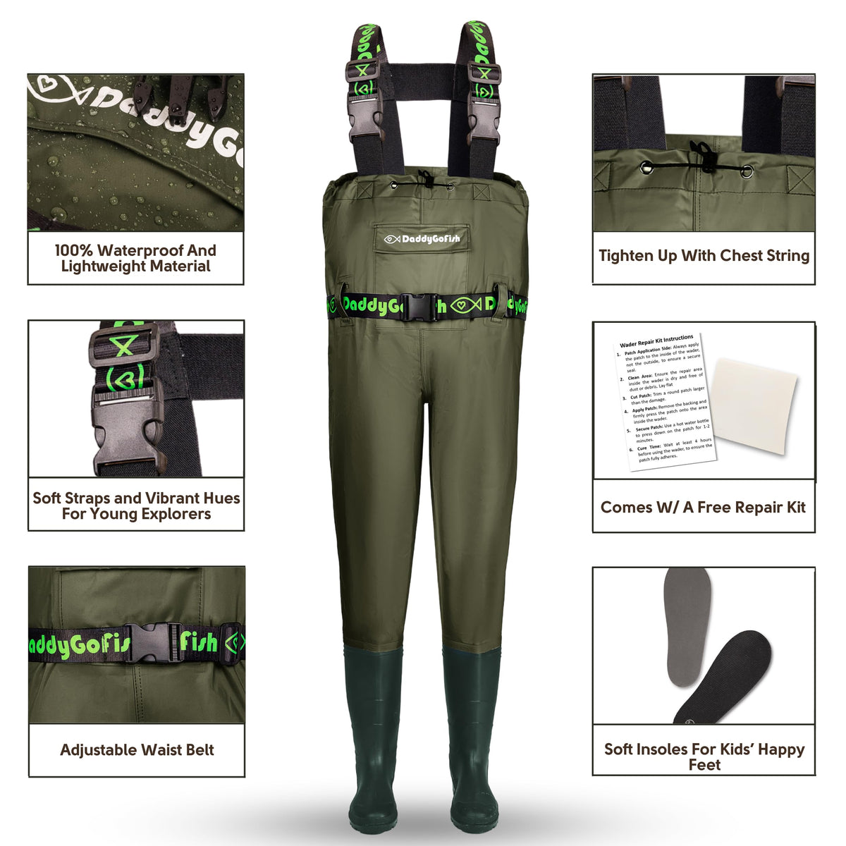 DaddyGoFish Chest Waders for Kids and Adults, Fishing and Hunting Waders with a Pocket and a Wader Hanger