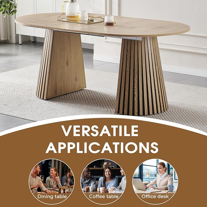 39.4"-71" Extendable Dining Table,Wood Expandable Kitchen Table for 4-10,Rustic Dining Room Table with Dual Pyramid Pedestal,Oval Wood Dining Table for Gatherings