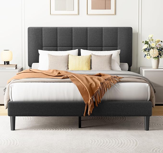 Amada Queen Platform Bed Frame with 12 Thickened Legs & Adjustable Fabric Upholstered Headboard, Solid Wooden Support 1300 Lbs Weight Capacity, No Box Spring Needed/Easy Assembly/Underbed Storage