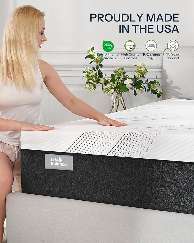 Life Balance Hybrid King Mattress 12 Inch, Made in USA, Medium Firm, Copper Gel Memory Foam， Hypoallergenic & Odorless, Motion Isolation & Pressure Relief, Mattress in a Box, CertiPUR-US Certified