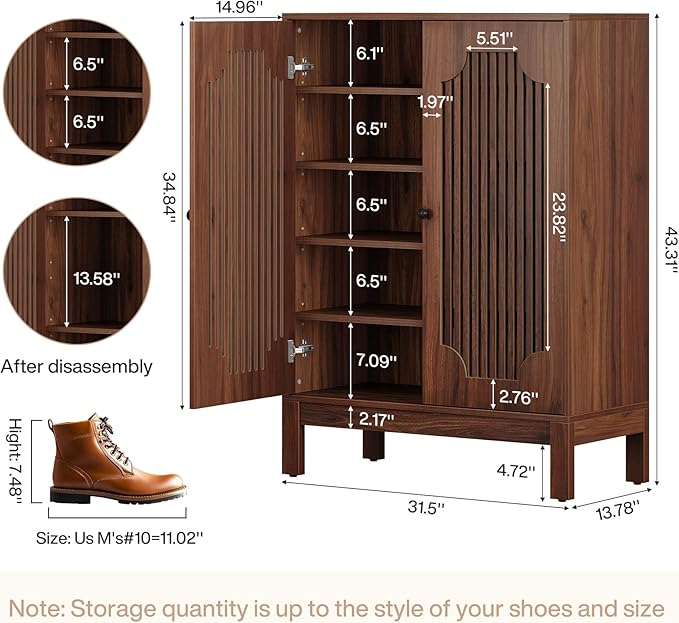 Tribesigns Shoe Cabinet with Doors, 5-Tier Shoe Storage Cabinet with Adjustable Shelves, 20 Pairs Wooden Shoe Rack Organizer, Tall Narrow Shoe Cabinet for Entryway, Hallway, Closet, Walnut, Set of 2
