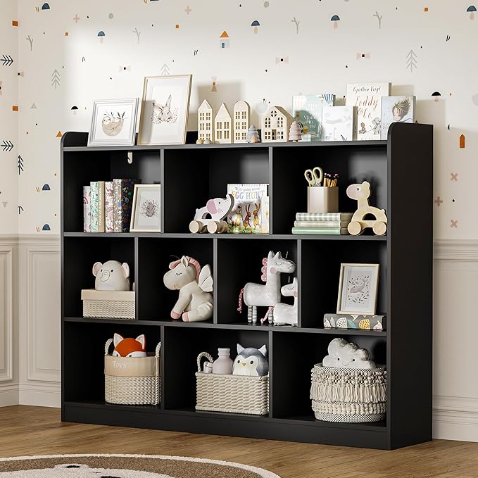 Black Bookshelf, Wood Bookcase with 3 Tier Open Shelves, 10-Cube Minimalist Storage Shelf for Living Room, Bedroom, 43.3" W x 35.4" H