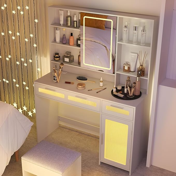 Hadulcet White Vanity Desk with Mirror and Lights, LED Vanity with Power Outlet, Makeup Vanity with 2 Drawers, 10 Storage Shelves and Acrylic Door Cabinet for Bedroom Dressing Room, 43”