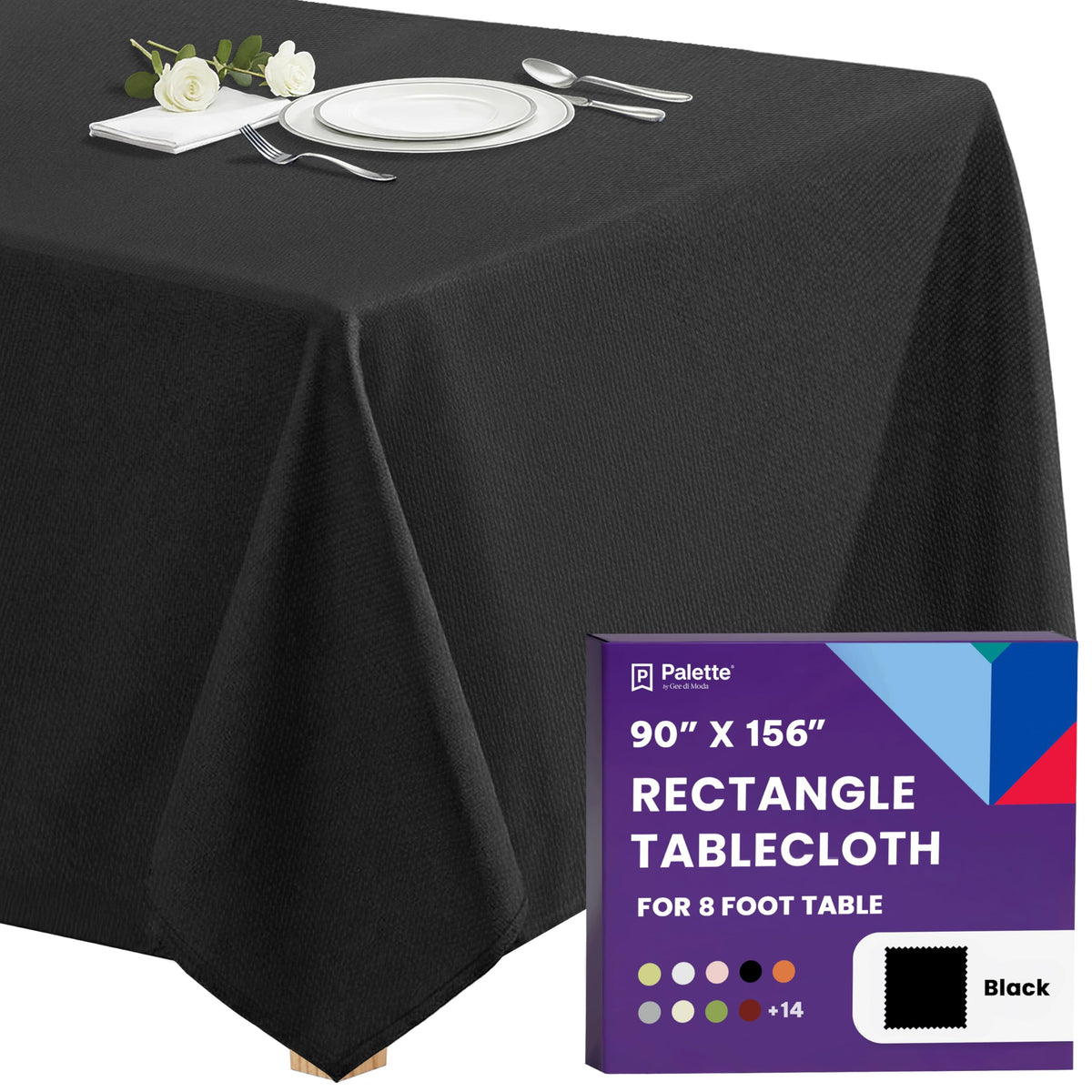 Gee Di Moda Rectangle Tablecloth - 90 x 156 Inch Black Table Cloth for 8 Foot Tables with Floor-Length Drop - Heavy Duty Washable Fabric for Holiday Party, Dinner, Weddings & Baby Shower