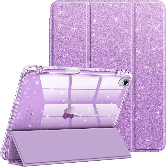 Fintie Slim Case with Pencil Holder for iPad Air 11-inch M4/M3/M2 (2026/2025/2024), iPad Air 5th (2022) / 4th Generation 10.9 Inch - Glittering Sparkly Cover with Shiny Clear Back Shell, Purple