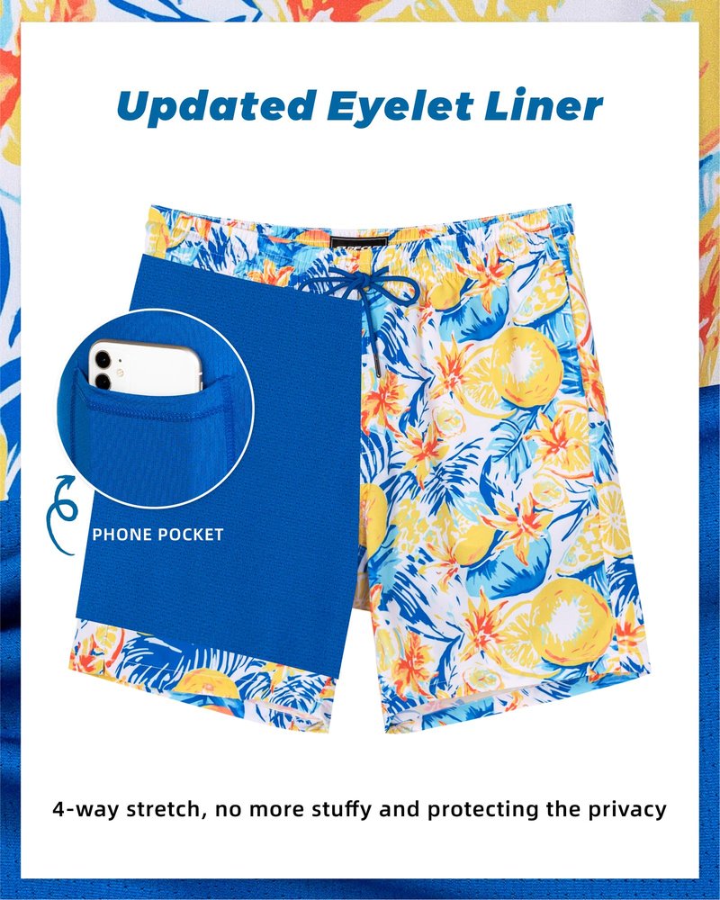 SURF CUZ Mens Swim Trunks with Compression Liner Quick Dry Swim Shorts 7" Swimming Trunks Stretch Zipper Pockets,Fresh Fruit,XXL
