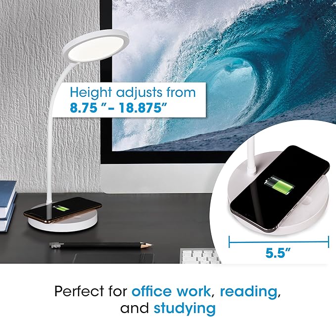 OttLite Good Housekeeping Circular LED Desk Lamp with Wireless Charging - Designed to Reduce Eyestrain - Adjustable Neck Desk Lamp for College Dorm Room, Crafting, Reading, 3 Color Modes