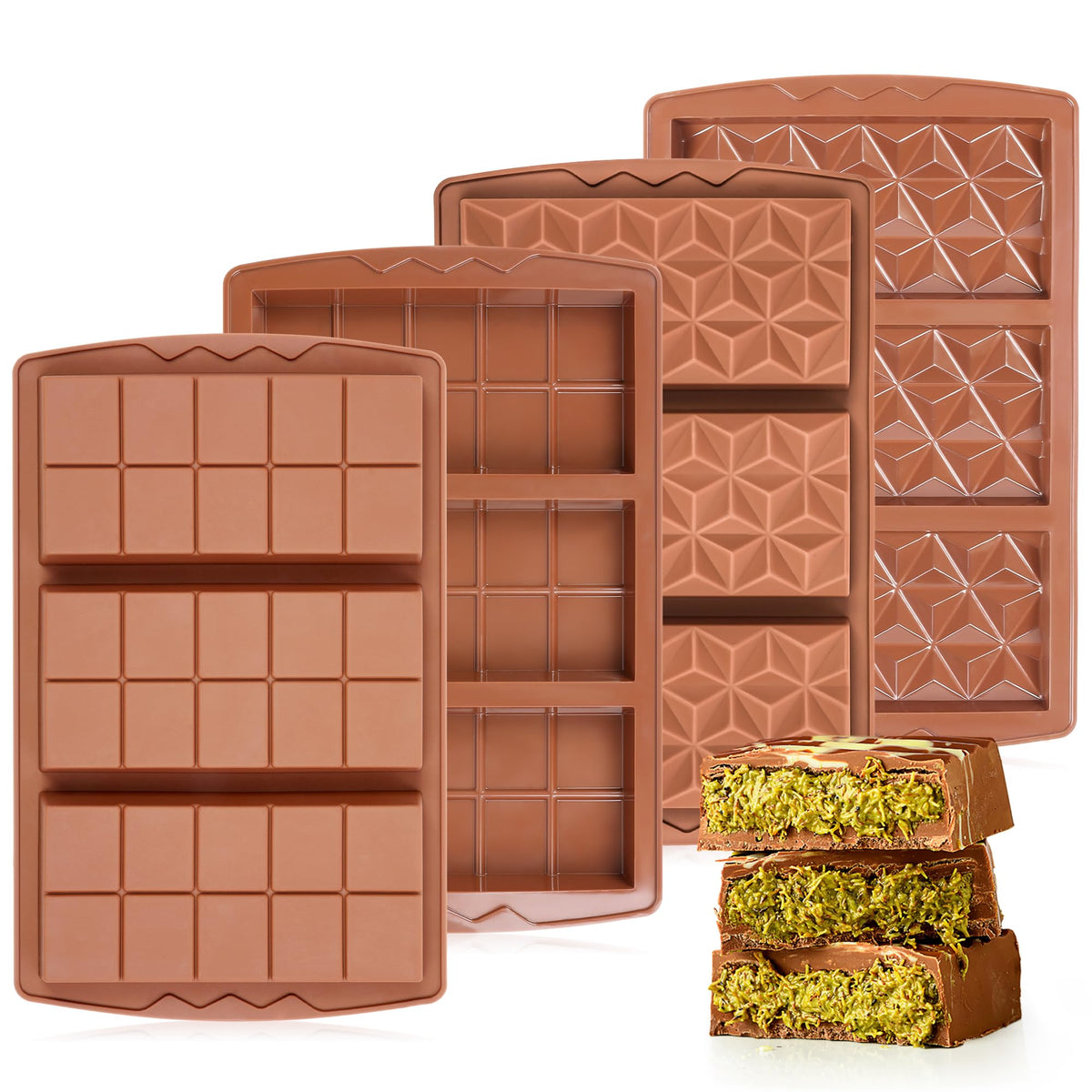 KASHME 2 Pcs Chocolate Bar Mold Deep Dubai 0.85 Inch Stuffed Chocolate Molds Silicone Large Break Apart Silicone Molds (10 Snap + 5 Snap）