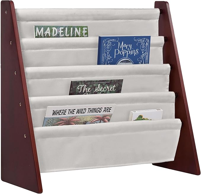 Wildkin Wooden Sling Bookshelf for Kids – Premium Canvas Design with 4 Fabric Shelves, Organizer for Home or Classroom - Cherry w/Tan