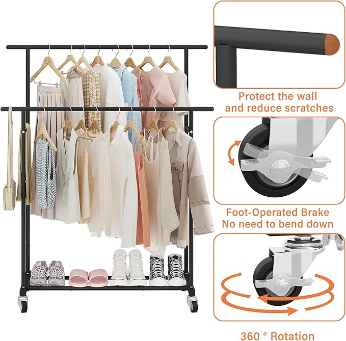 Calmootey Double Rod Clothing Garment Rack,Rolling Hanging Clothes Rack,Portable Clothes Organizer for Bedroom,Living Room,Clothing Store,Black