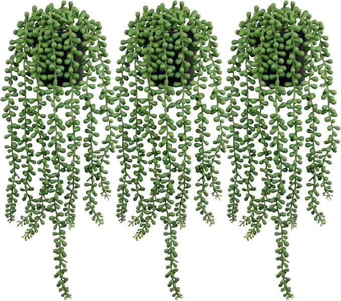 LOYWREE 3Pcs Fake Plants Indoor Artificial String of Pearls Plant in Black Pots, Realistic Green Faux Succulent Hanging Plants for Shelf Decor Desk Home Garden Decorations
