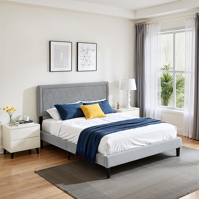 Hokway Bed Frame Upholstered Platform Bed with Headboard Wooden Slat Support No Box Spring Needed(King, Light Gray)