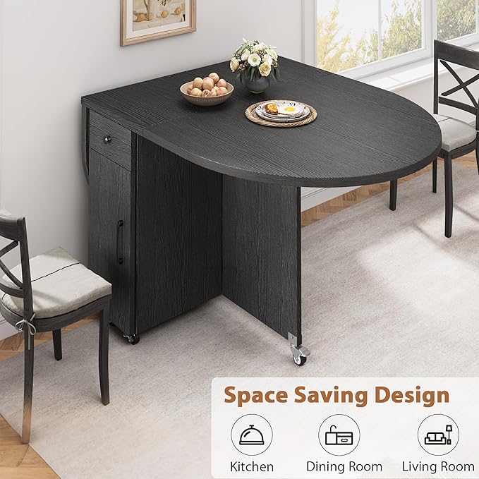 Folding Dining Table for 4 Kitchen Dining Room DinnerTable with Storage Drawer Space Saving Oval Foldable Drop Leaf Gateleg Furniture for Small Space (Black, 51 * 31.5 * 30)