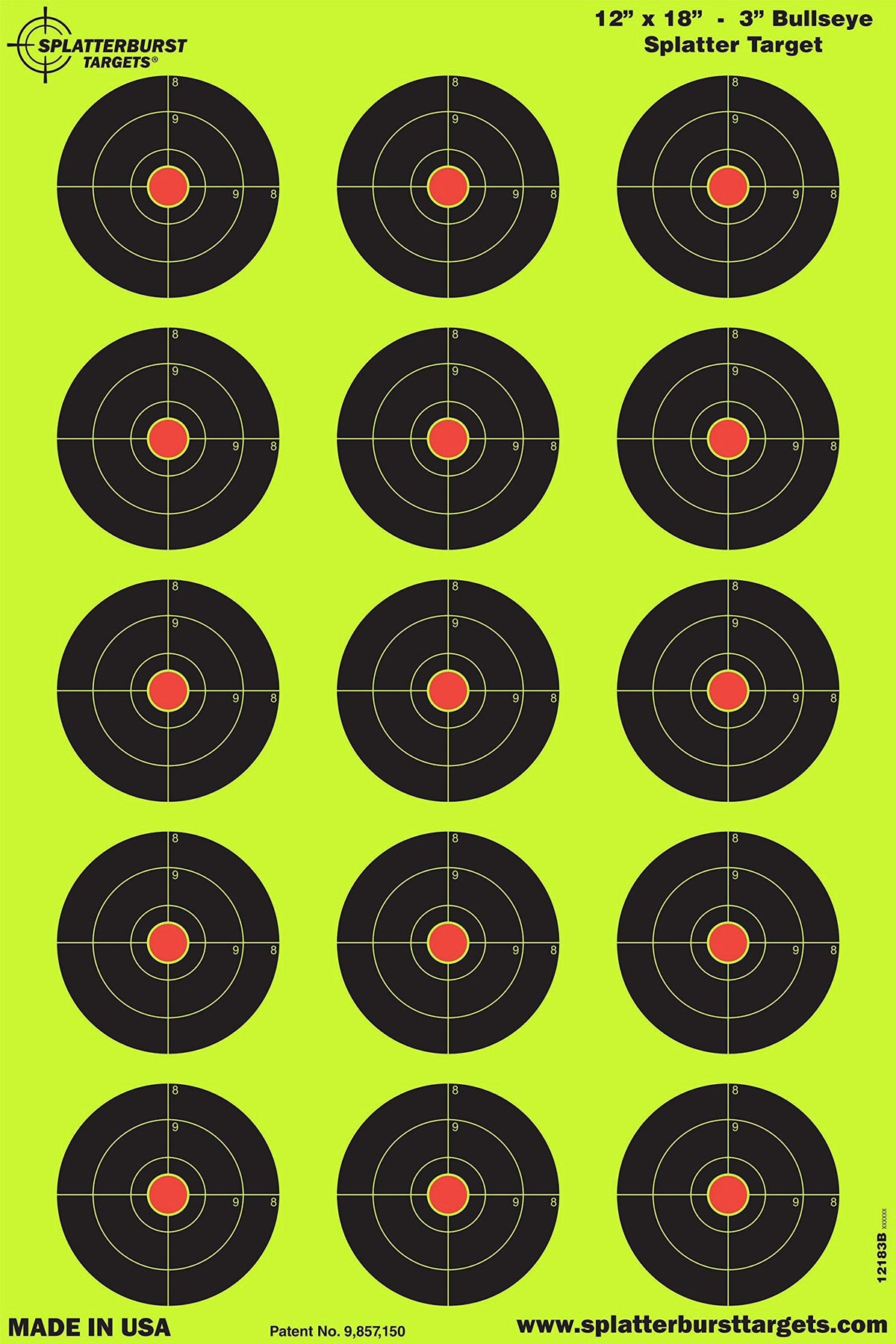 Splatterburst Targets - 12 x18 inch - 3 inch Bullseye Splatter Target - Easily See Your Shots Burst Bright Fluorescent Yellow Upon Impact - Made in the USA (50 Pack)