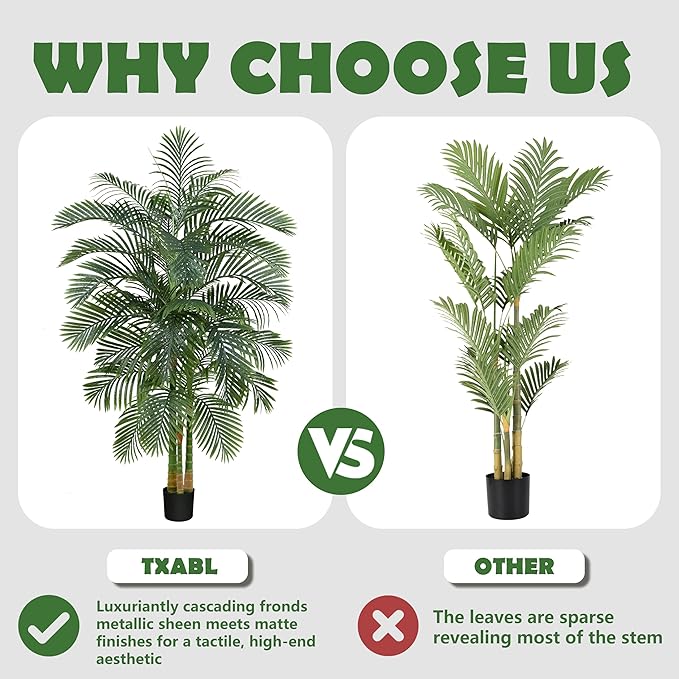Artificial Golden Cane Palm Tree 7FT, Fake Palm Tree with Three Realistic Trunks and Lifelike Palm Leaves, Faux Palm Plant for Indoor Home Décor with Black Planter