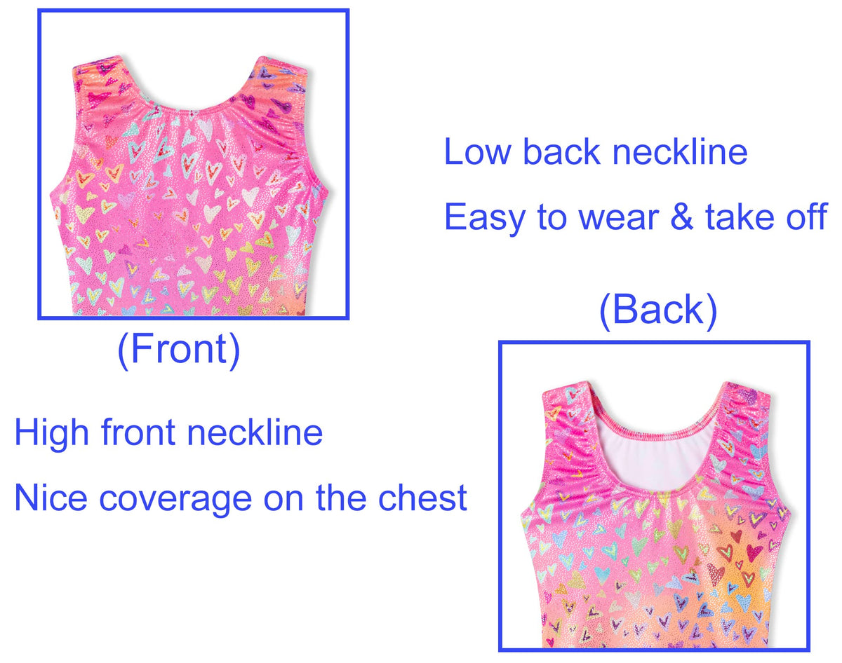 Domusgo Girls Gymnastics Leotards Size 8-9 Years Old Sparkly Hotpink Neon Love Heart Biketard with Shorts