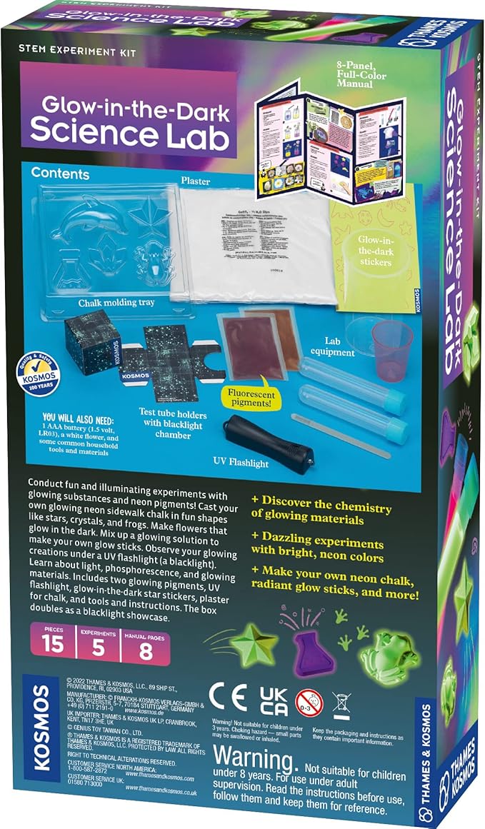 Thames & Kosmos Glow-in-The-Dark Science Lab STEM Experiment Kit | 5 Fun, Safe Activities with Glowing Substances & Neon Pigments! | DIY Glow Sticks, Neon Chalk & More | Includes UV Flashlight