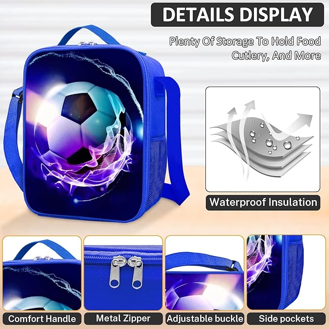 School Backpack for Boys - 4pcs Soccer Boys Backpack with Lunch Box and Pencil Case for Kids Children Teens Elementary Middle School - Students Bag for Ages 6-18,17″Bookbag Travel Back Pack